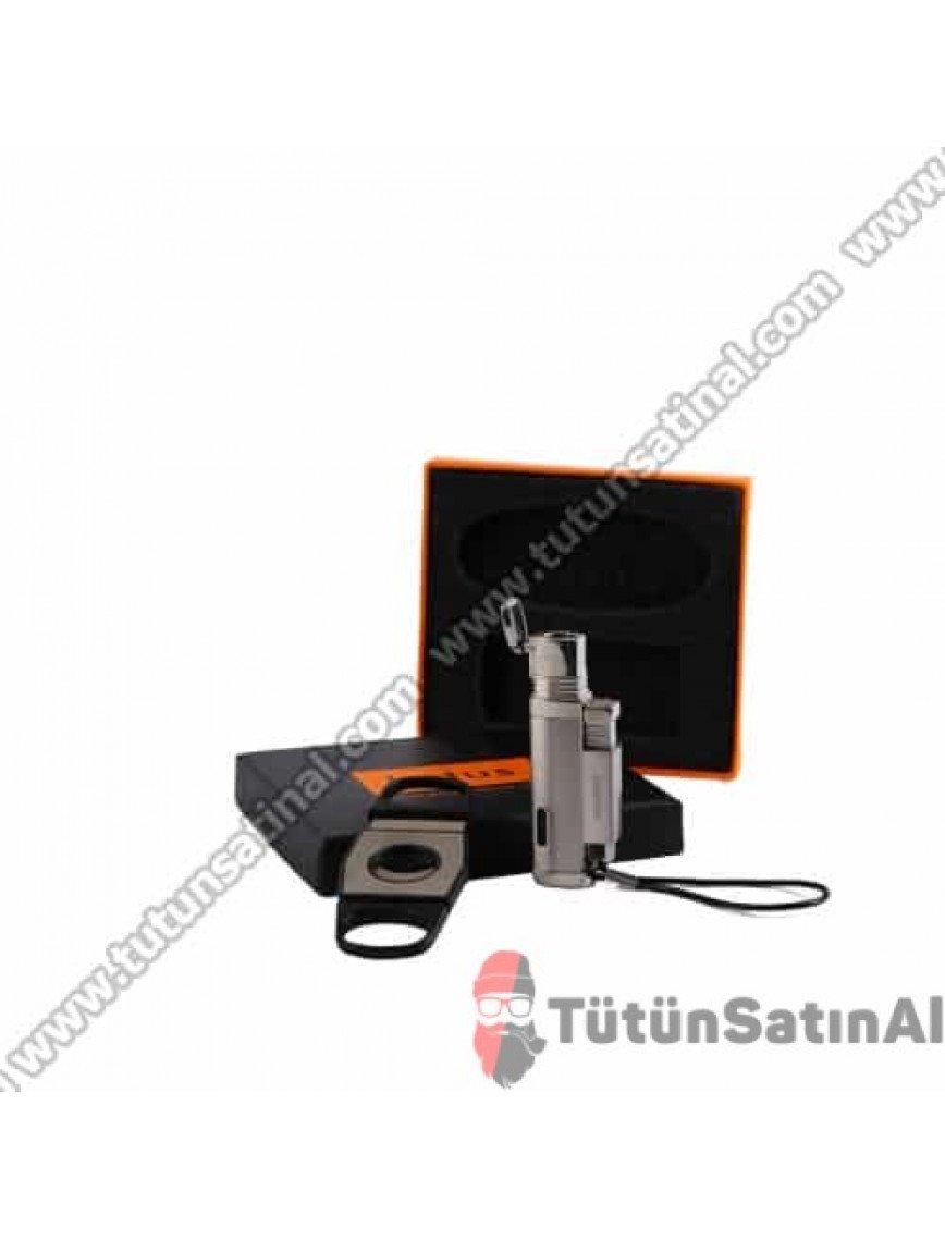 Honest Puro Çakmağı Ve Puro Makası Set Gümüş Grisi