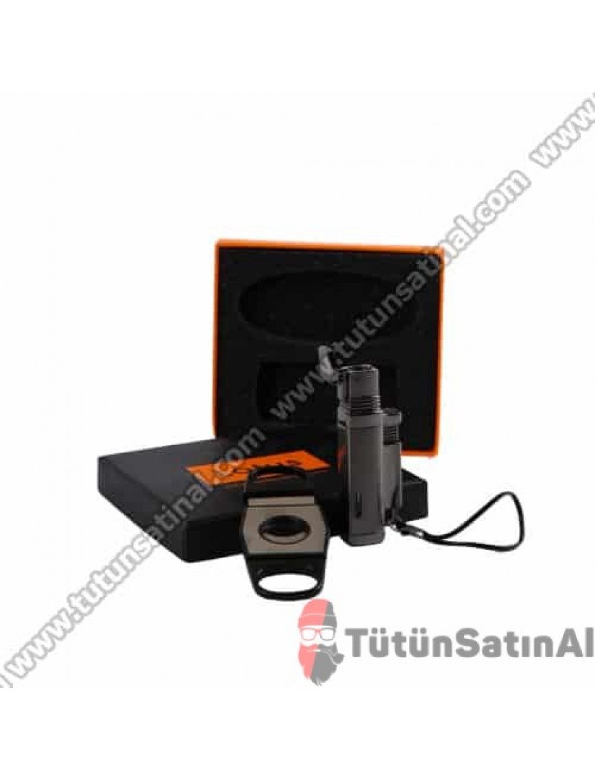 Honest Puro Çakmağı Ve Puro Makası Set Parlak Koyu Gri